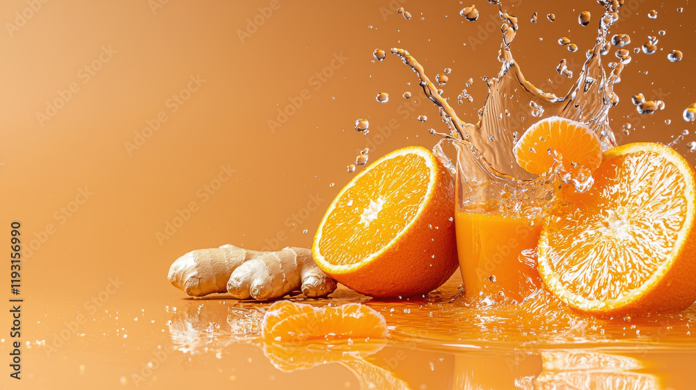 Poster fresh juice blend with vibrant oranges and ginger, splashing in water, evokes refreshing and invigor