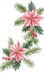 Pink poinsettias, holly, and pine branches festive corner arrangement