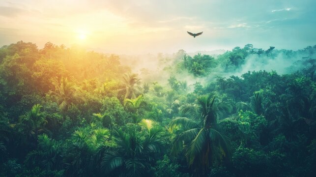12011935 89 Early morning mist in tropical vacation destinations jungle with exotic birds flying across Stock Photo with side copy space