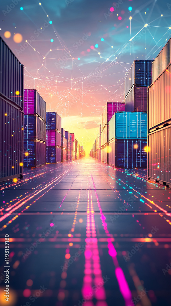 Poster digital pathway with glowing neon lights and futuristic containers at sunset