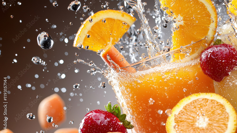 Poster refreshing juice blend with vibrant orange slices and strawberries splashing in water, creating lively and appetizing scene