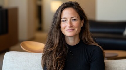 Portrait of a smiling woman with long brown hair, sitting on a beige couch in a modern interior.