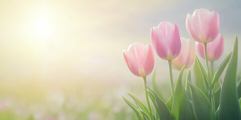 Fototapeta premium Pink Tulips. Beautiful Bouquet of Tulips. Colorful tulips in spring. Beautiful Floral background for Easter Holiday, Women's day, 8 march, Birthday, Mother's day