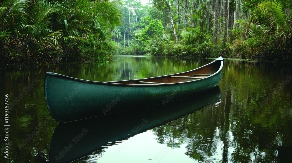 Aufkleber canoe floating on a tranquil lagoon surrounded by lush tropical forest tropical stock photo with sid