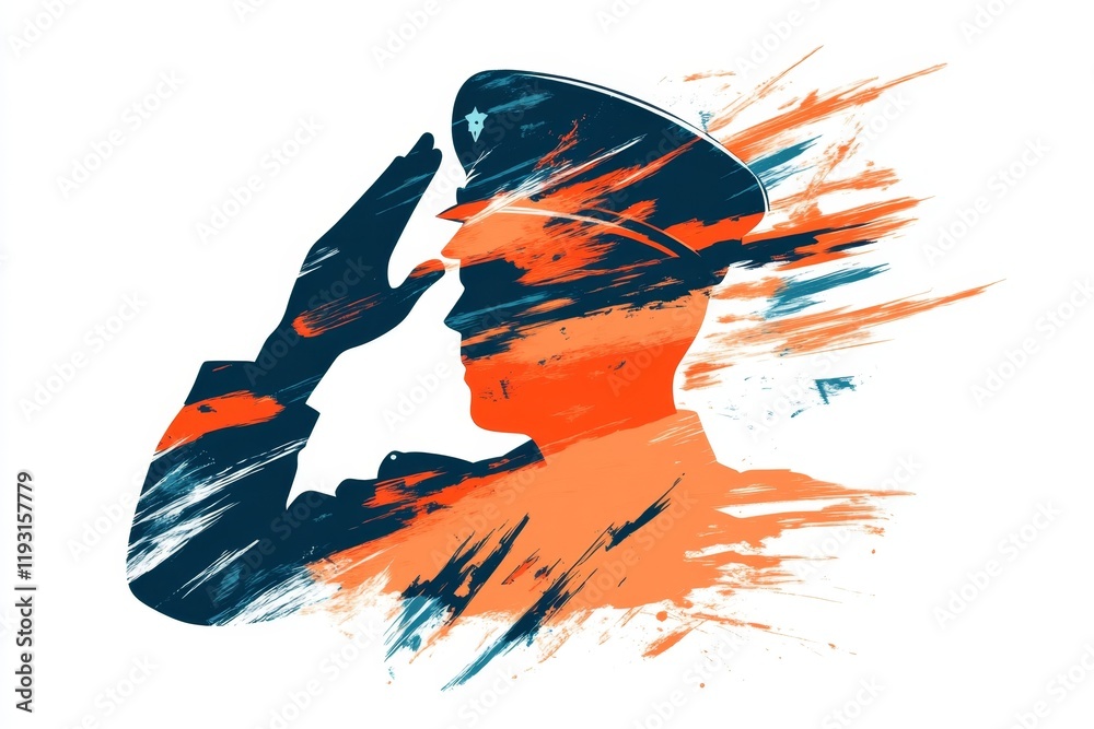 Poster a simple line art illustration of a veteran saluting, with a clean silhouette of a flag in the backg