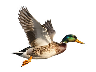 Obraz premium Flying mallard duck isolated on transparent or white background, png