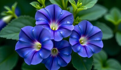 Three vibrant purple and blue morning glory flowers with water droplets, surrounded by lush green leaves, radiating freshness and natural beauty.