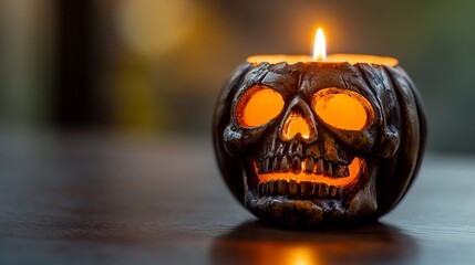 Lit skull-shaped candle in pumpkin form on wooden surface.