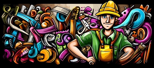 Cartoon handyman amidst tools and equipment.