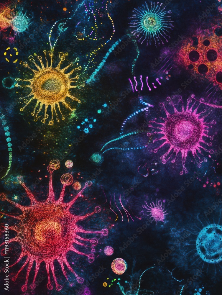 Leinwandbilder Magnified colorful representation of viruses showcasing their intricate structures and diversity in a scientific visualization. Generative AI