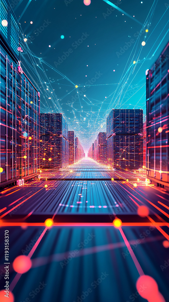 Poster Futuristic pathway with digital neon grids and container structures