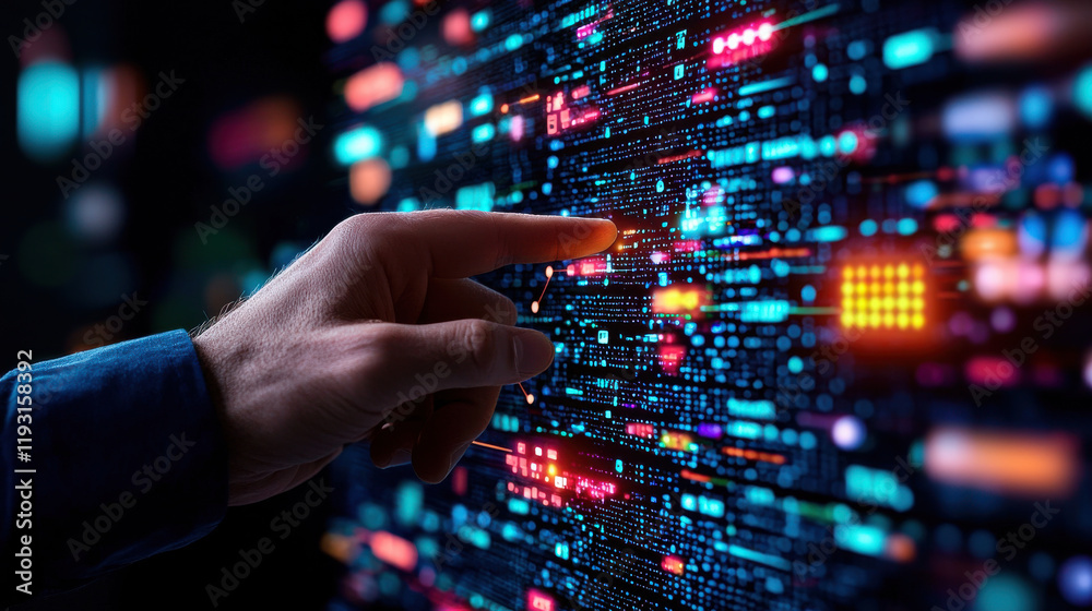 Fototapete close up of hand interacting with digital interface displaying colorful data patterns and lights, showcasing technology and innovation