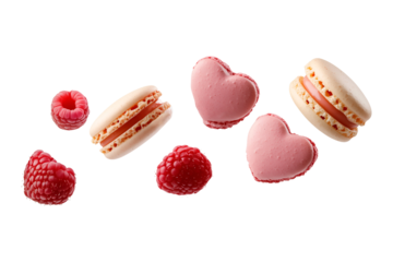 Flying falling raspberry and macarons isolated on transparent or white background, png