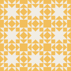Geometric pattern with  yellow barn stars quilt accents, seamless repeating patterns, vector art style, simple shapes, flat color blocks, retro design © Slanapotam