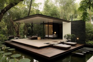 Fototapeta premium Serene Modern Pavilion Nestled in Lush Tropical Forest