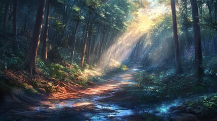 Obraz premium Sunbeams illuminate a path through a lush, mystical forest.