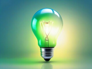 A glowing energy-efficient light bulb centered on a clean, gradient background. Surrounding the bulb are soft, abstract waves of green and blue light, symbolizing sustainable energy and conservation