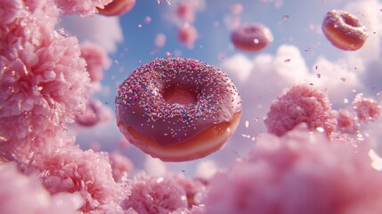 of flying doughnuts with bright, colorful glazes and various toppings like sprinkles and chocolate drizzle.