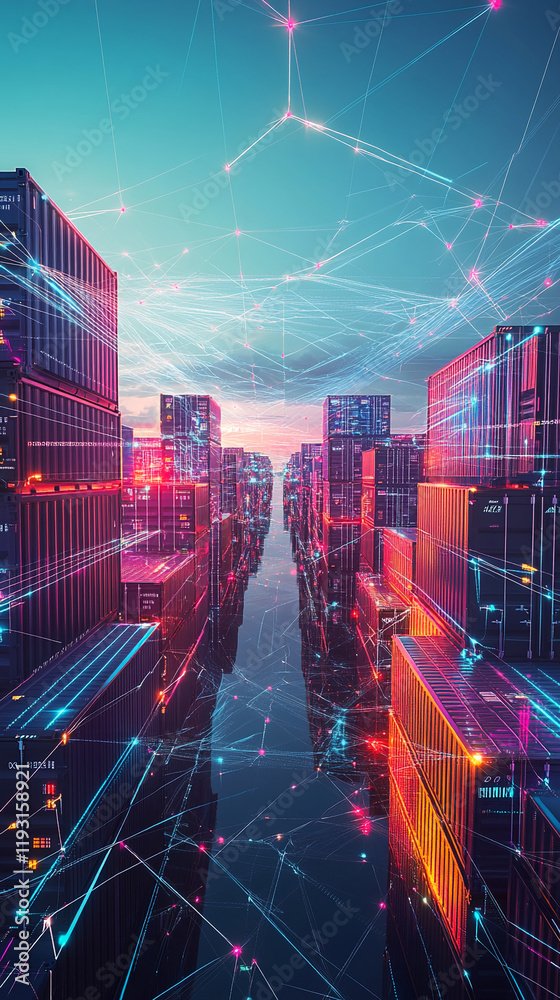 Poster Digital container corridor with neon grids and futuristic connections