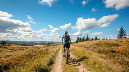 Obraz premium Cyclist rides mountain bike trail on sunny day.