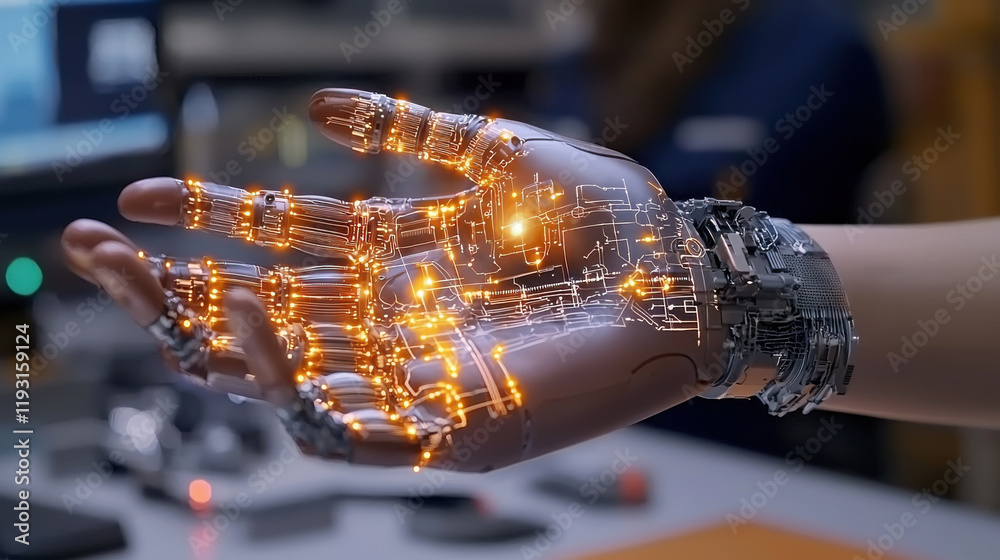 Leinwandbilder close up of robotic hand showcasing intricate machinery and glowing circuits, symbolizing advanced technology and innovation. detailed design highlights fusion of art and engineering