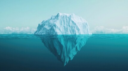 A large iceberg emerges from tranquil waters, showcasing its massive structure above and below the surface in a serene, icy landscape.