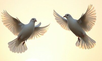 Fototapeta premium Two white doves soaring in sunset sky, symbolizing peace and hope