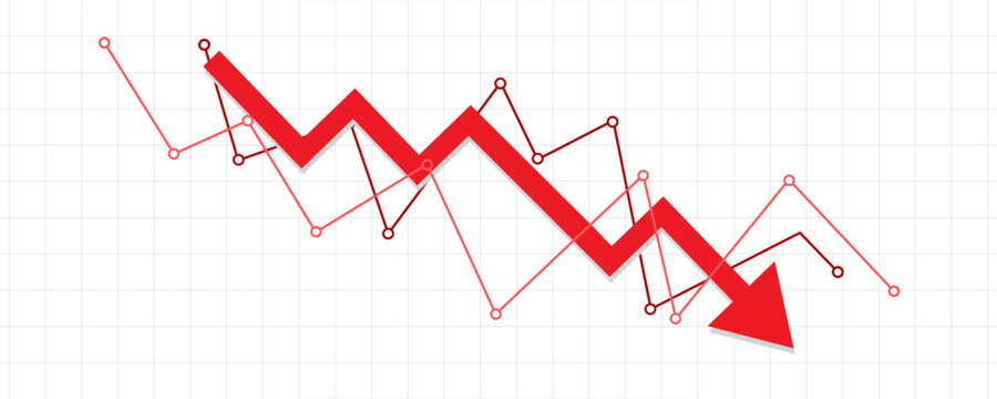 red down, bear market fall arrow with two support market lines falling down in the business market, profit in grey transparent chart lines background template