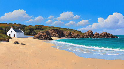 Fototapeta premium A serene beach scene featuring a white cottage, golden sand, rocky outcrops, and vibrant blue skies with fluffy clouds.