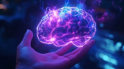 A luminous brain rests gently in an open hand, surrounded by a vibrant glow and a digital interface