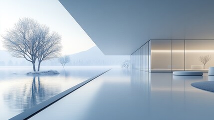 Minimalist modern architecture overlooking serene lake.