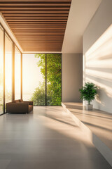 Fototapeta premium Modern interior design featuring large windows and natural light in a serene setting