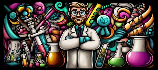 Obraz premium Scientist with colorful doodle lab equipment.
