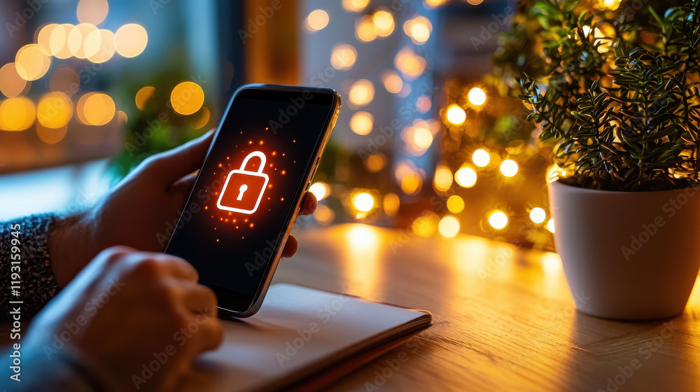 Fototapete close up of smartphone displaying digital lock symbol, representing privacy and security. background