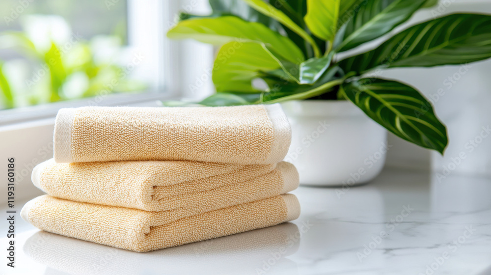 Poster soft, textured towels stacked neatly beside lush green plant, creating serene and inviting atmospher