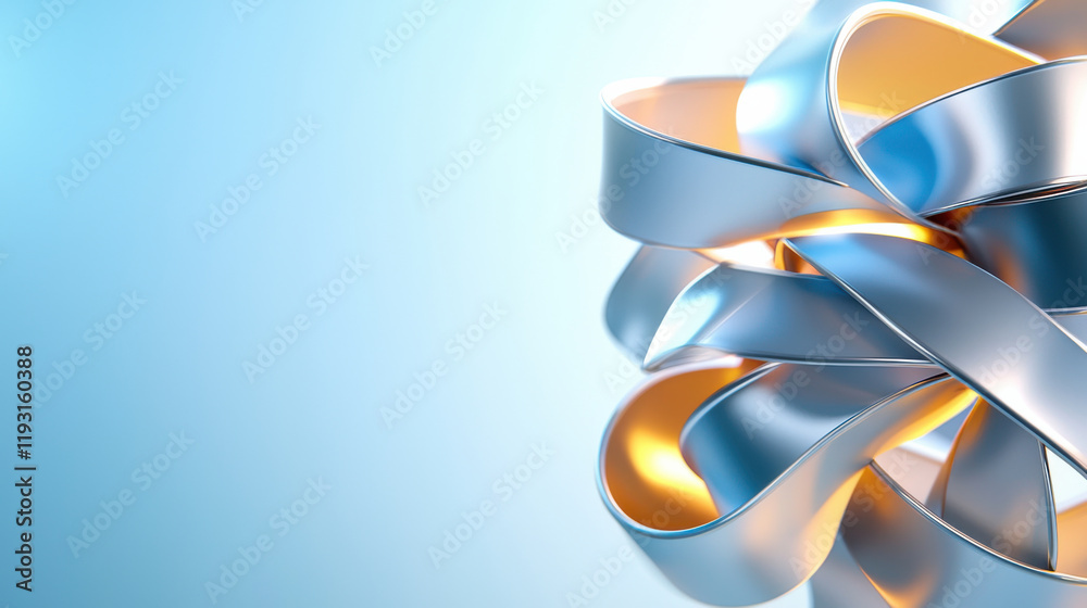 Aufkleber close up of metallic ribbon sculpture with smooth curves and glowing interior, creating modern and a