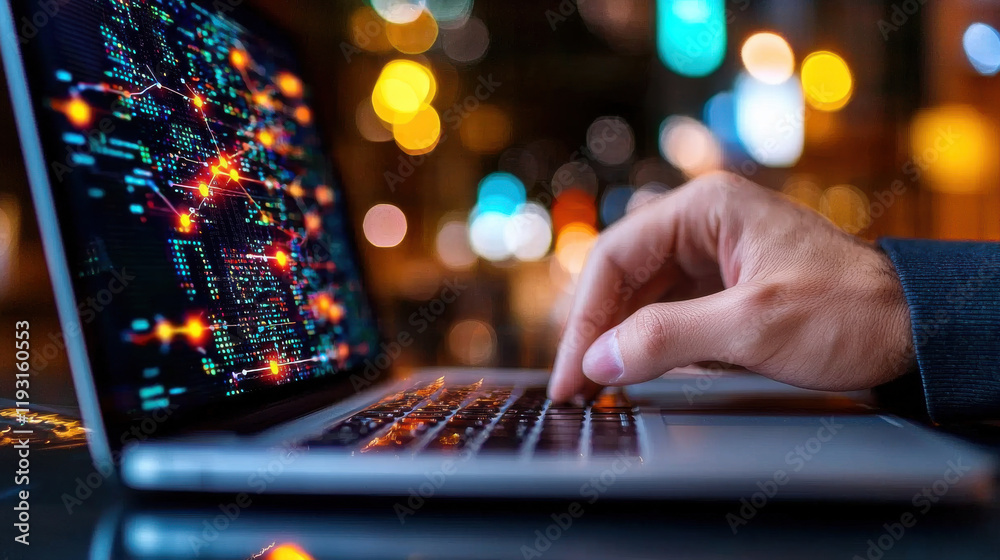 Poster close up of analyst hand on laptop, conducting data analysis in vibrant, illuminated environment. screen displays colorful data visualizations and patterns