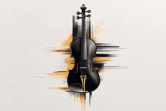 A minimalist logo design featuring a violin and Theatre Vltava outline, rendered in elegant black and gold accents
