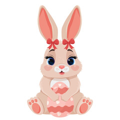 Cute cartoon smiling and holding Easter egg bunny with red bows on ears. Easter bunny. Egg hunt game.