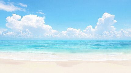 Obraz premium A serene beach scene featuring soft white sand, crystal-clear turquoise waters, and fluffy white clouds against a bright blue sky.