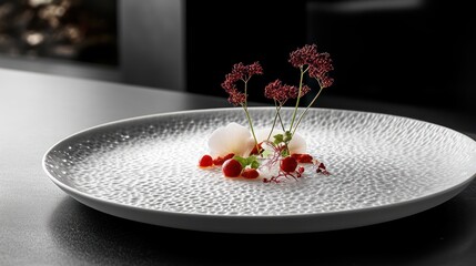 A refined Michelin star dish served on a sleek, white plate, with artistic touches and precise garnishes.