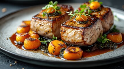 A refined Michelin star dish served on a sleek, white plate, with artistic touches and precise garnishes.