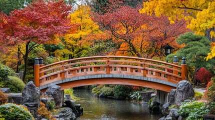 Wooden bridge over calm stream in autumnal Japanese garden with vibrant red, orange, and yellow maple trees.