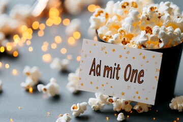 A movie voucher on a popcorn-filled table, with bold lettering saying &acirc;&euro;&oelig;Admit One&acirc;&euro; and a cinematic background