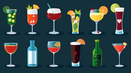 Colorful Drink Bar Flat Icon Set for Vector Illustration in Cartoon Style