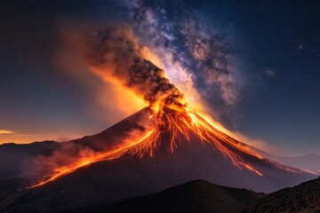 Fototapeta premium A night view of an active volcano, with glowing lava lighting up the dark landscape and stars visible in the clear sky