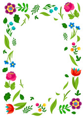 Frame with pretty flowers. Beautiful decorative natural plants and leaves.