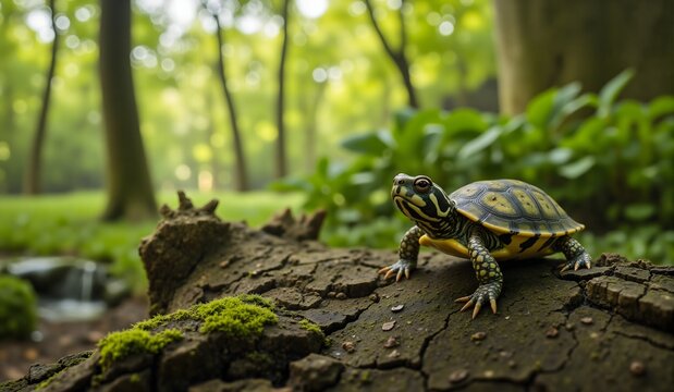A vibrant yellow and black turtle perched on a mossy log in a lush green forest, with sunlight filtering through the trees in the background.