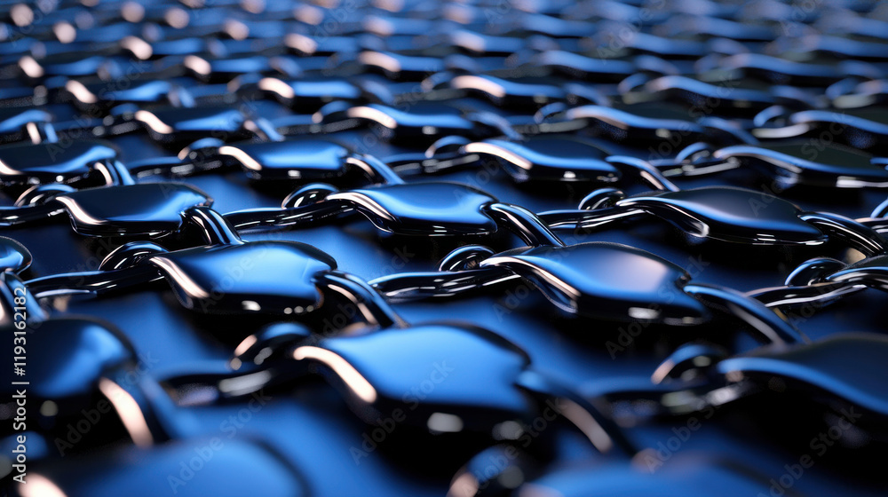 Poster close up view of interconnected metallic chains, showcasing their shiny surface and intricate design