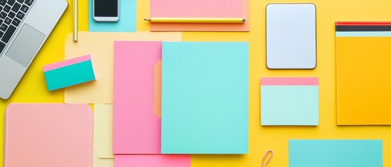 Flat-lay composition of marketing tools, including reports, sticky notes, and mobile devices, representing the process of analyzing and applying market segmentation.